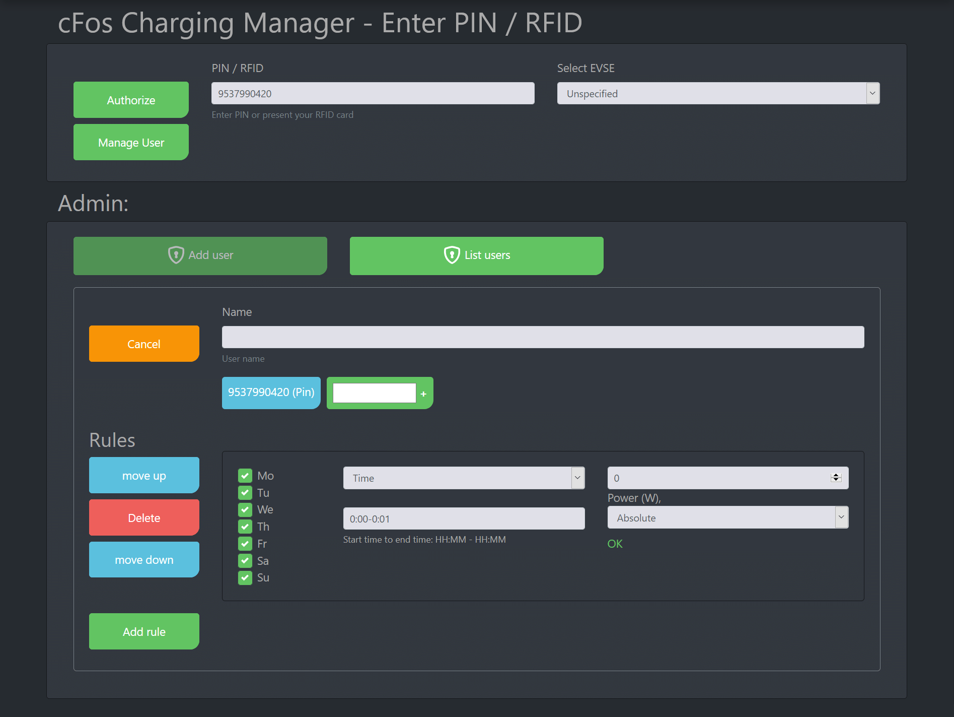 Screenshot Tài liệu về Trình quản lý Sạc cFos - RFID / mã PIN