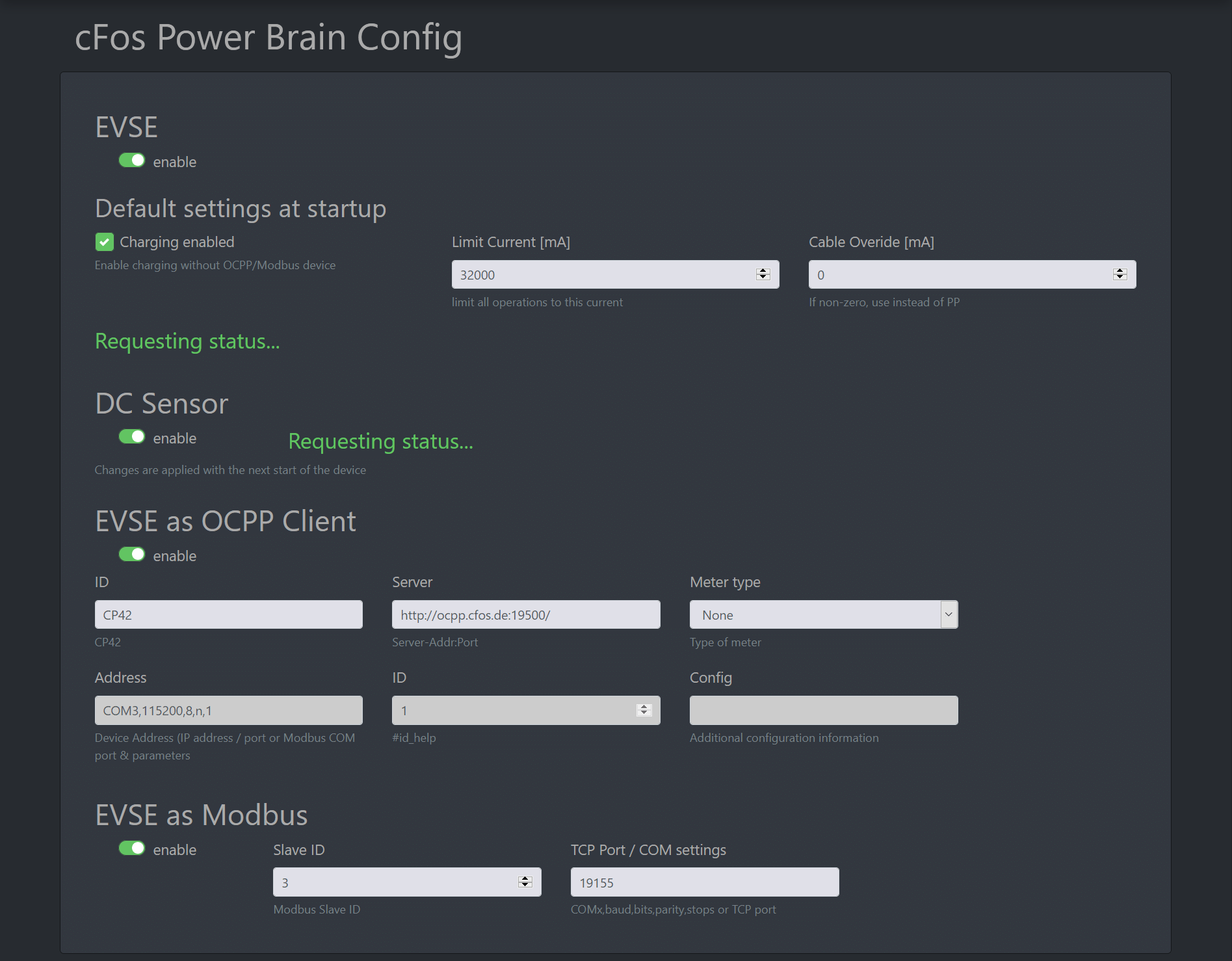 Screenshot #1 cFos Charging Manager Dokumentation - konfiguration af cFos-opladningscontroller