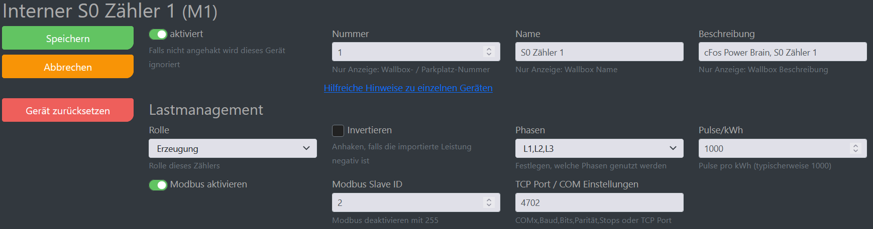 Img Captură de ecran configurația cFos Charging Manager