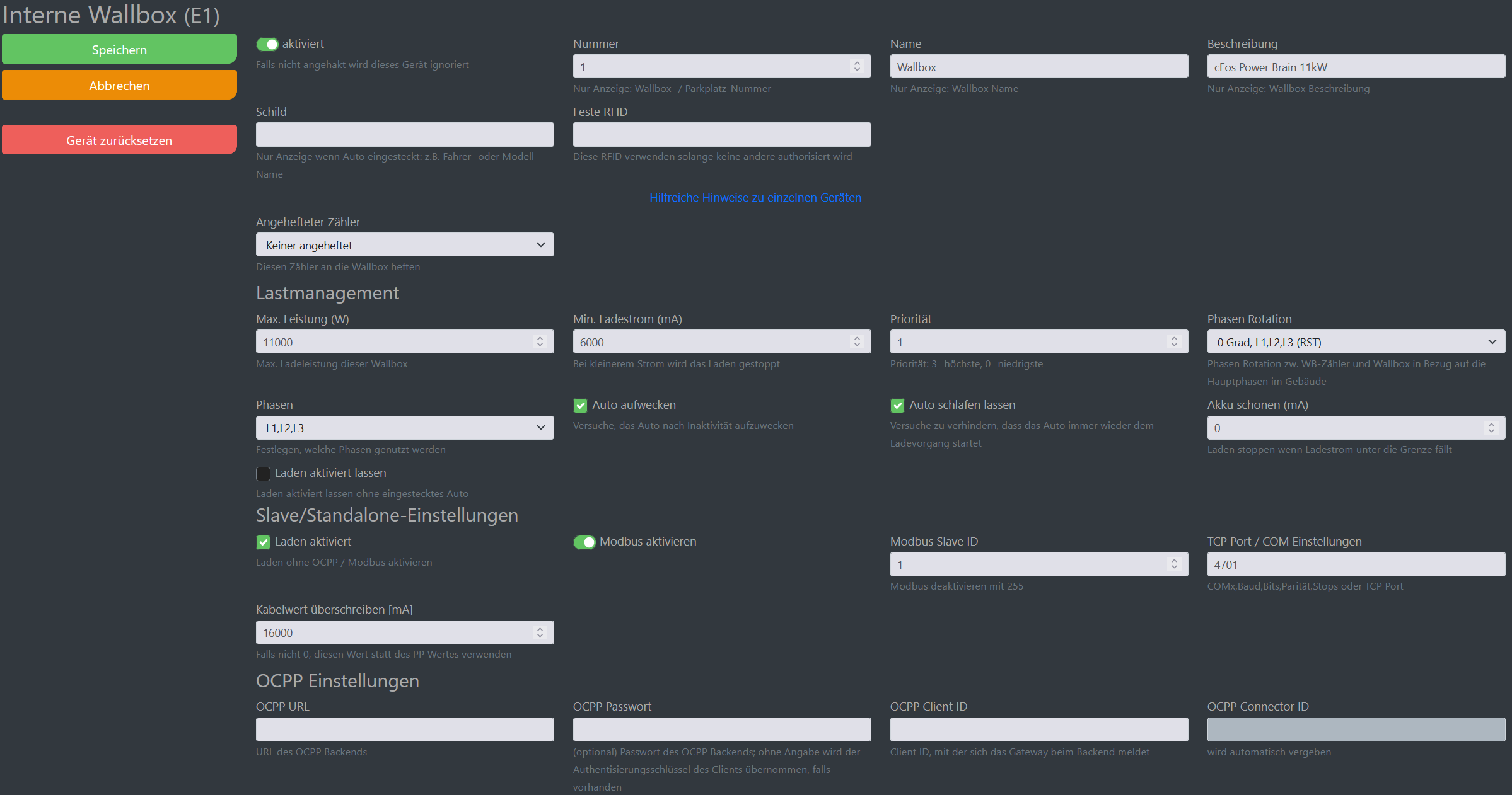 Img Schermata di configurazione di cFos Charging Manager