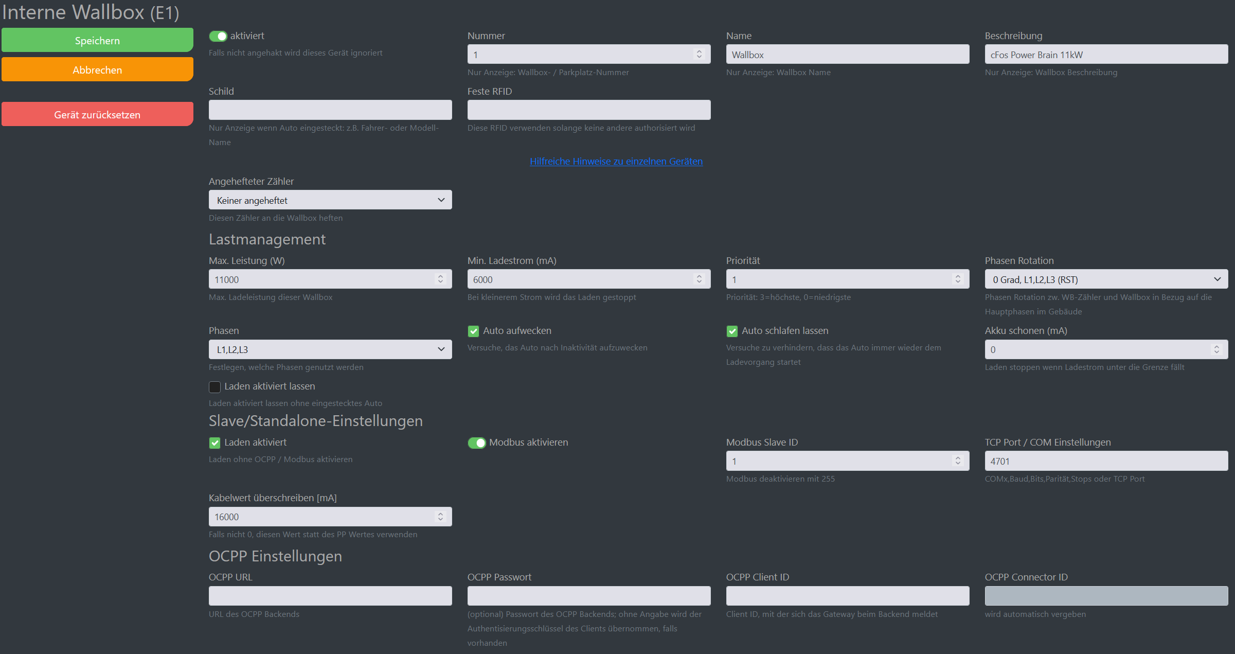 Img Captură de ecran configurația cFos Charging Manager