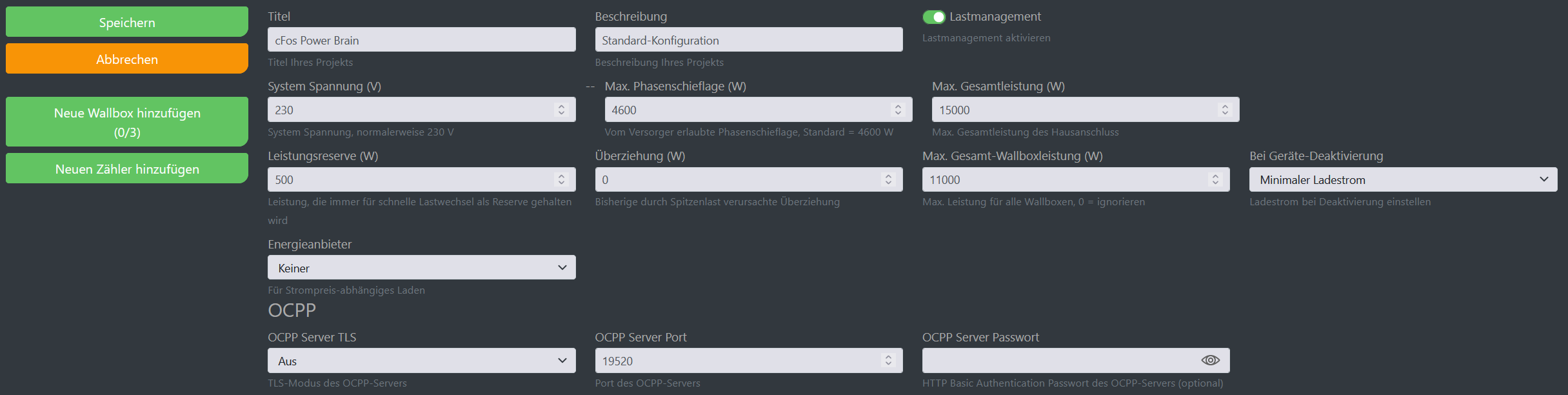 Img Captură de ecran configurația cFos Charging Manager