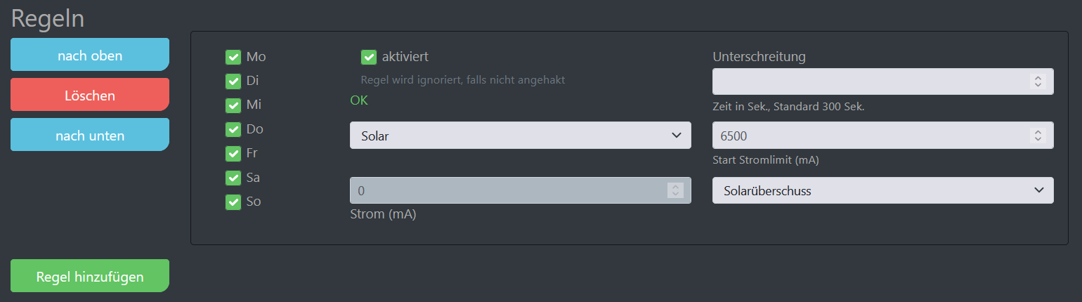 Screenshot der Einstellungen für PV-Überschussladen