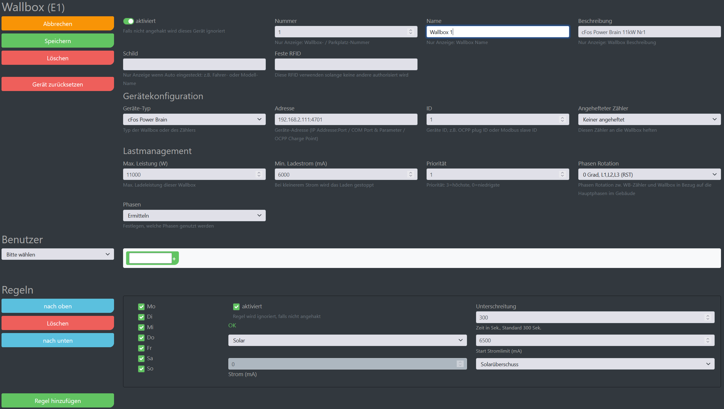 Captura de ecrã das definições para a configuração das Wallboxes